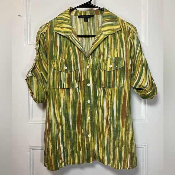 LAFAYETTE 148 Linen Striped Watercolor Short Sleeve Button Down Shirt Sz 4 Small - Picture 1 of 9